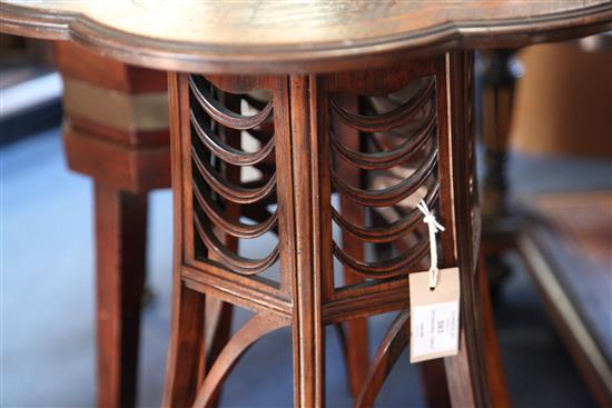 Charles Edward Hoston, Lamb of Manchester. An Aesthetic period inlaid coromandel and rosewood occasional table, W.1ft 8in. H.2ft 2in.